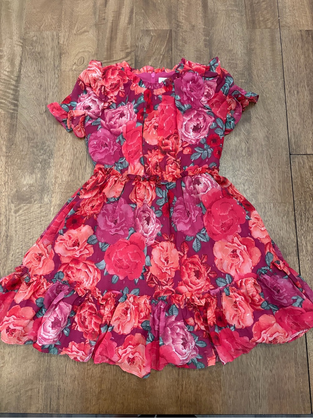 Girls wonder nation Floral Ruffle Dress in Red and Pink